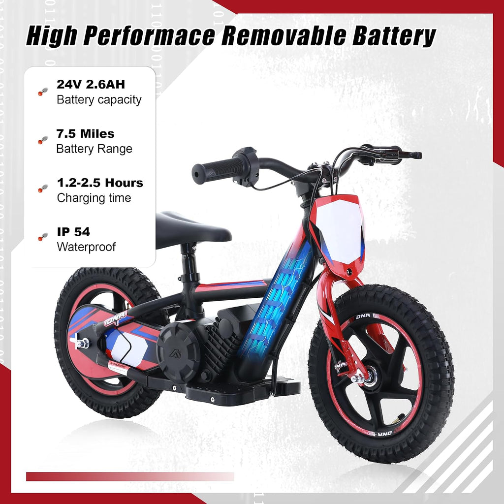 KOZRUNS Electric Dirt Bike for Kids 3-6, 170W Racing Experience Lightweight Motorcycle, New Aluminum Frame with 2 Power Modes, 24V Detachable Battery, 12 Inch Knobby Tires