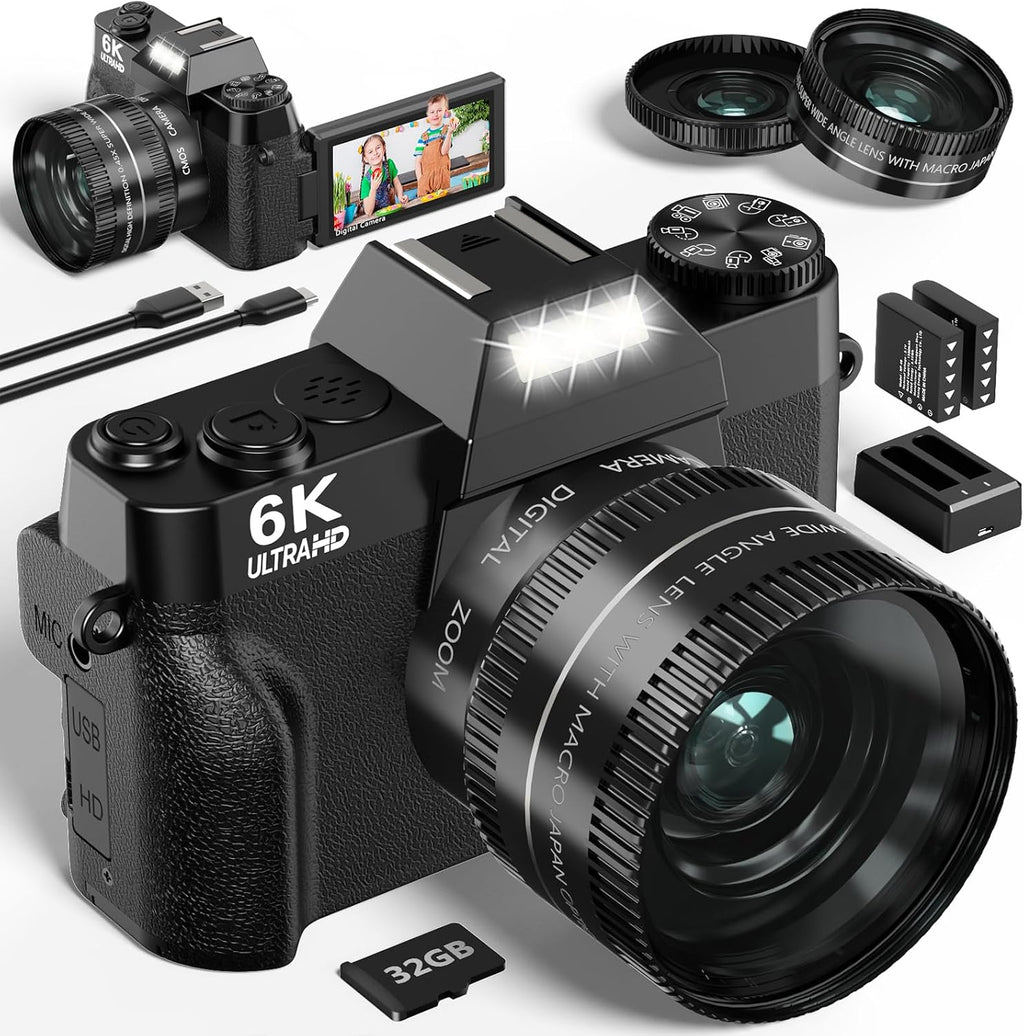 6K Digital Camera for Photography - WiFi 64MP Vlogging Cameras for YouTube with 3' 180° Flip Screen, 16X Digital Zoom Autofocus Vlog Travel Camara with 32GB SD Card, 2 Batteries and Double Charger