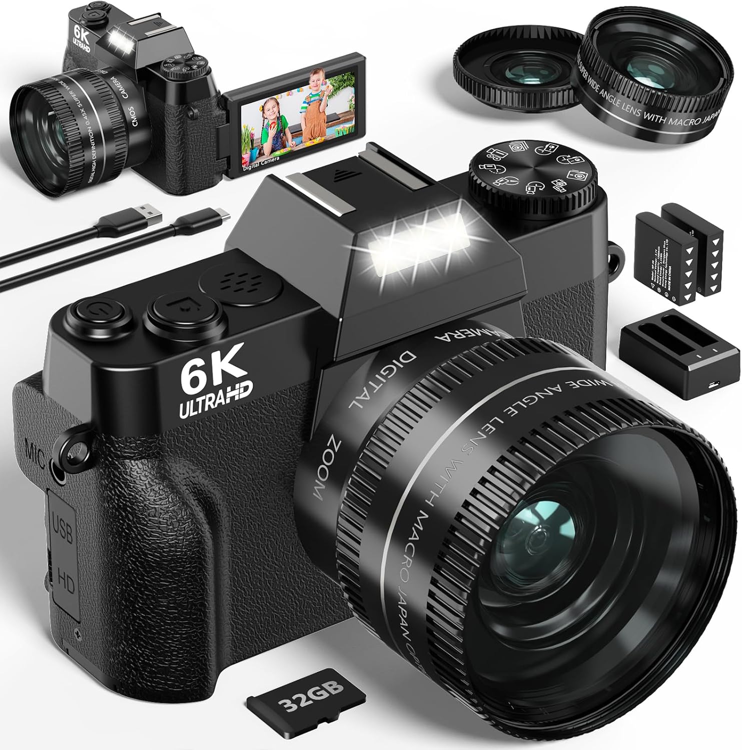 6K Digital Camera for Photography - WiFi 64MP Vlogging Cameras for YouTube with 3' 180° Flip Screen, 16X Digital Zoom Autofocus Vlog Travel Camara with 32GB SD Card, 2 Batteries and Double Charger