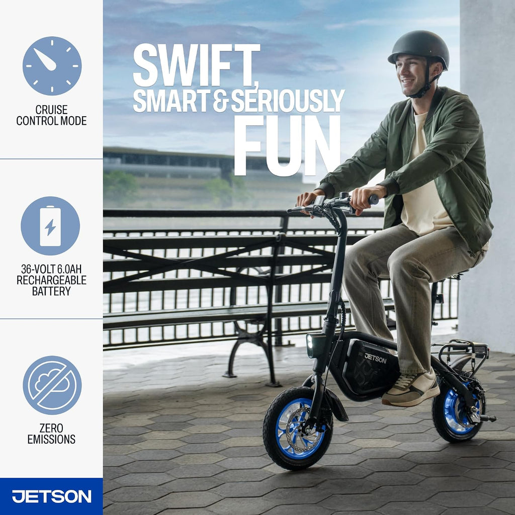 Jetson Bolt Electric Bike, Foot Pegs, Easy-Folding, Built-in Carrying Handle, Twist Throttle, Cruise Control, Up to 15.5 MPH, Range Up to 15 Miles, Ages 13+
