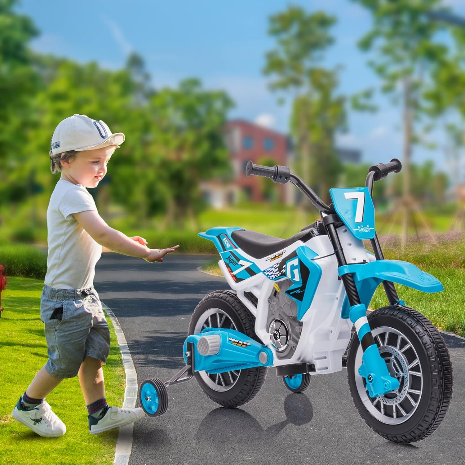 12V Battery Powered Motorcycle for Kids Electric Dirt Bike for Toddler Ride On Toys for Kids w/ 2 Speeds Training Wheels Music and Shock Absorber, Blue