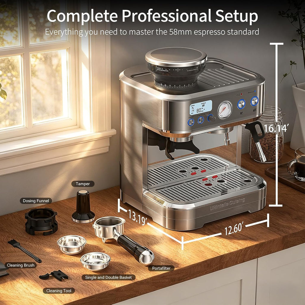 URintells Cuising Espresso Machine with Grinder, All-in-One Coffee Maker with PID Temperature Control & 15 Bar Italian ULKA Pump, Stainless Steel Barista Machine for Home Latte & Cappuccino