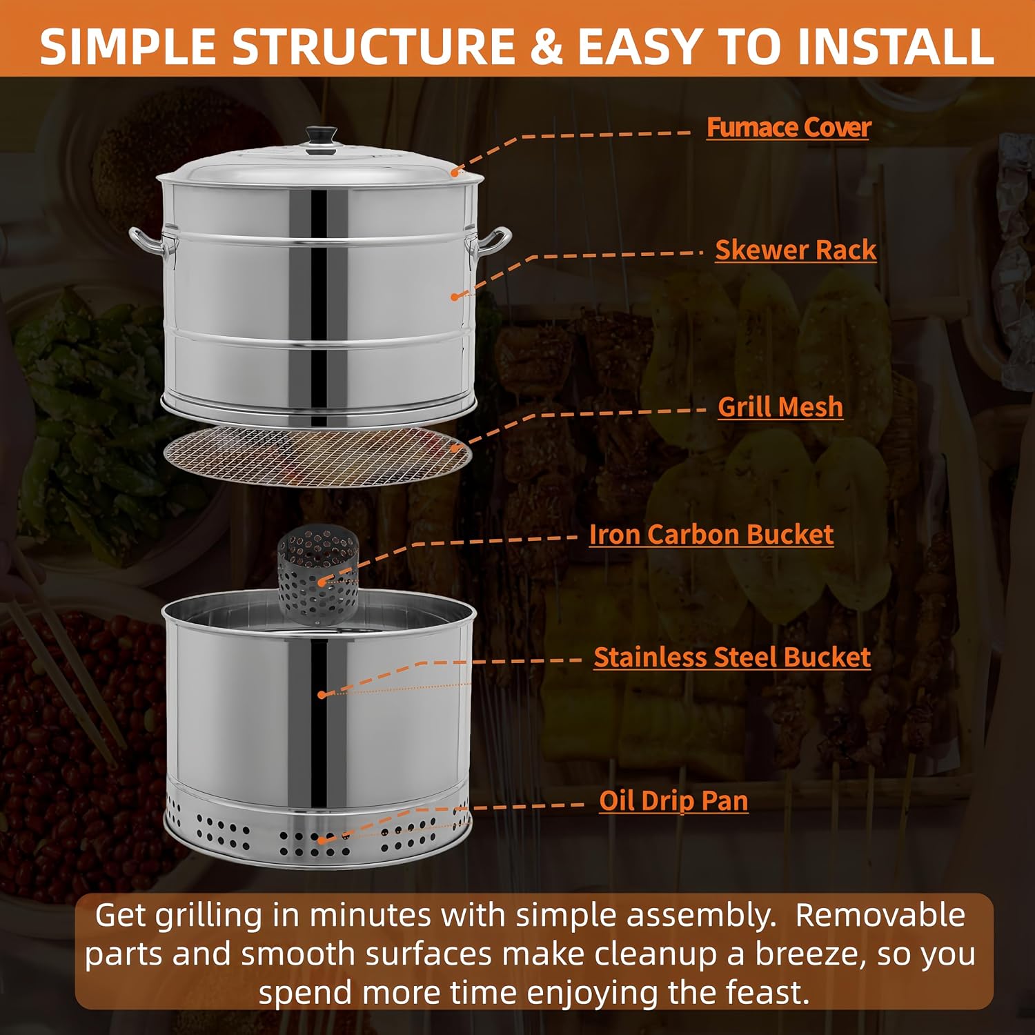 2-in-1 Vertical Smoker Barrel Grill, Portable Charcoal BBQ 360° Smokeless Stainless Steel BBQ Grill Barrel for Outdoor Barbecue, Camping, And Backyard Cooking (Large-50 Skewers)