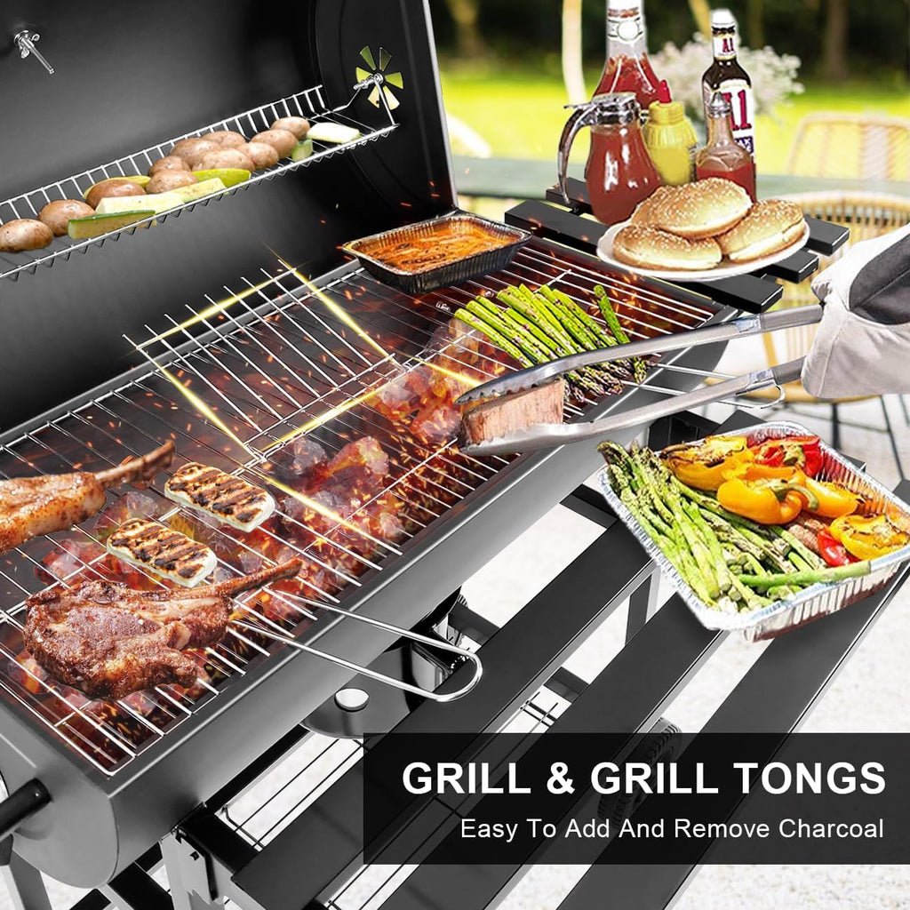 Charcoal Grill with Temperature Gauge - Large Outdoor Barrel Barbecue Grill with Side Table, 565 sq in Cooking Space for 8-12 People, Ideal for Camping and Backyard BBQ