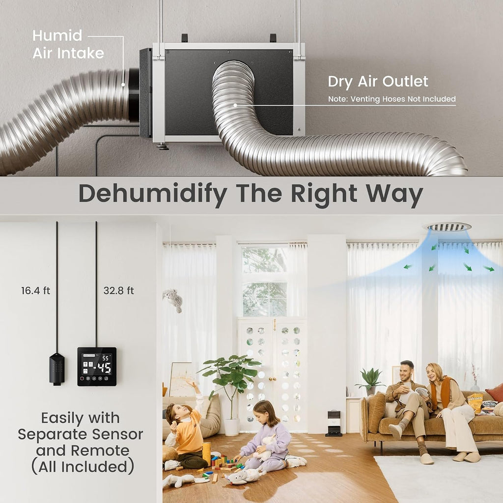 Waykar 158 Pints Crawl Space Dehumidifier with Remote Control and Pump, Dual Duct HVAC Commercial Whole-House Dehumidifier for Basement, Industry Water Damage Unit - 5-Year Quality Coverage