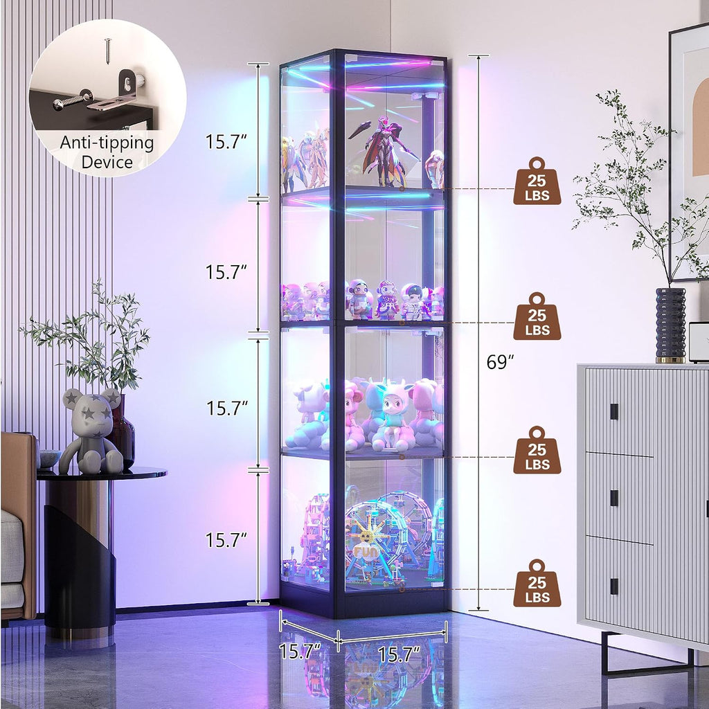 Glass Display Cabinet with RGB Lights- 68' Display Case with 4-Tier Shelfs, Corner Curio Cabinets for Collectibles/Toys/Books, LED Storage Cabinet, Black