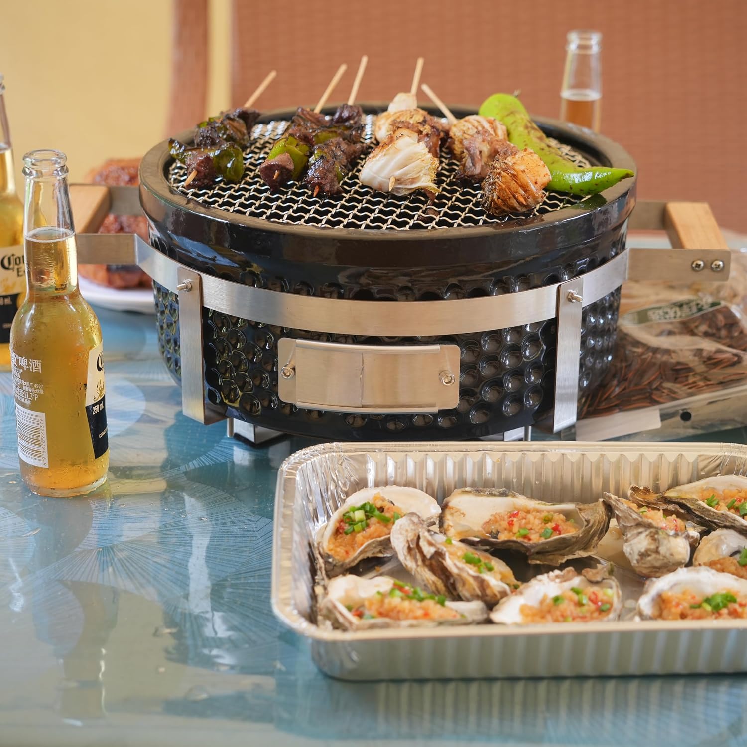 Yakitori Ceramic Charcoal Grill, Japanese Style Tabletop BBQ With Bamboo Heat Shield For Indoor/Outdoor, Round, DIA-14'