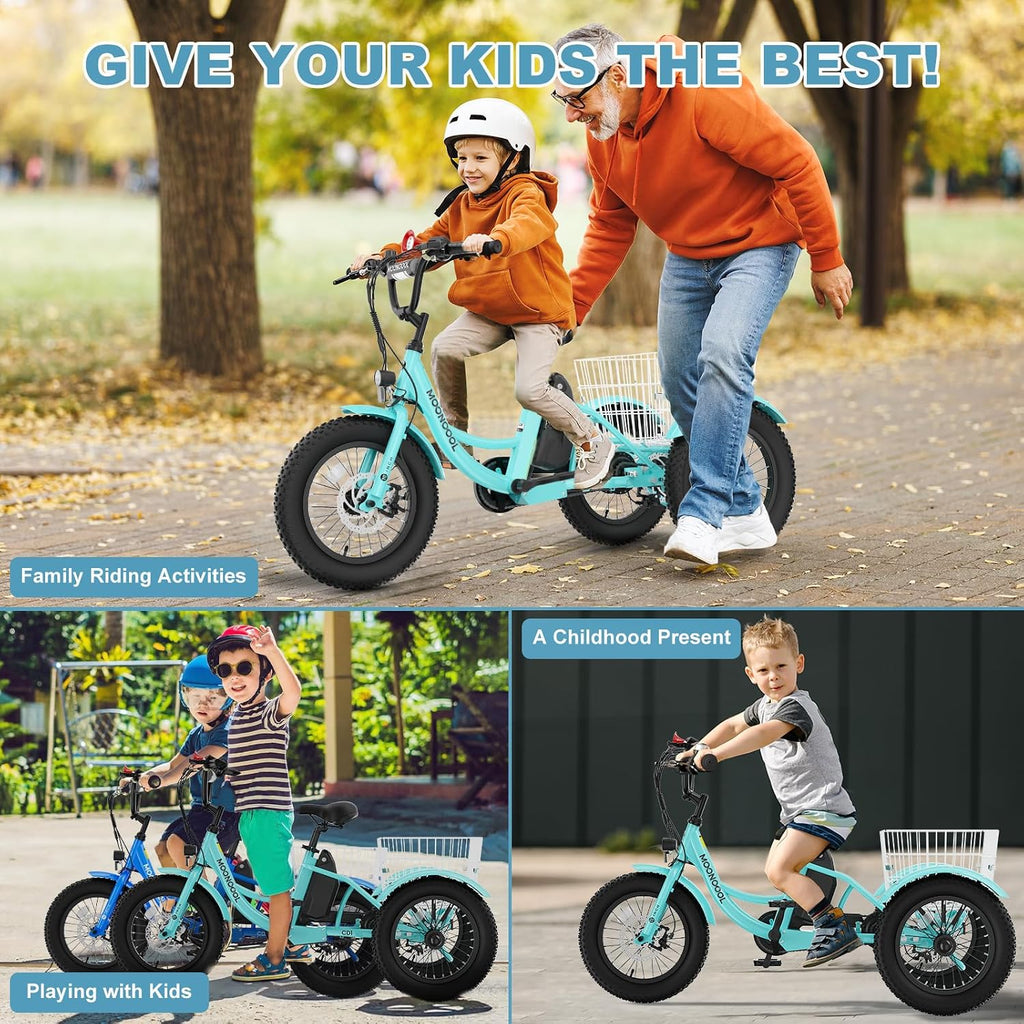 16 Inch Kids Electric Tricycle, 250W 24V Fat Tire Electric Trike, 3 Wheels Electric Bike Cruiser Bicycle, Aluminum Frame Motored Trike with Adjustable Seat and Removable Battery, Cyan