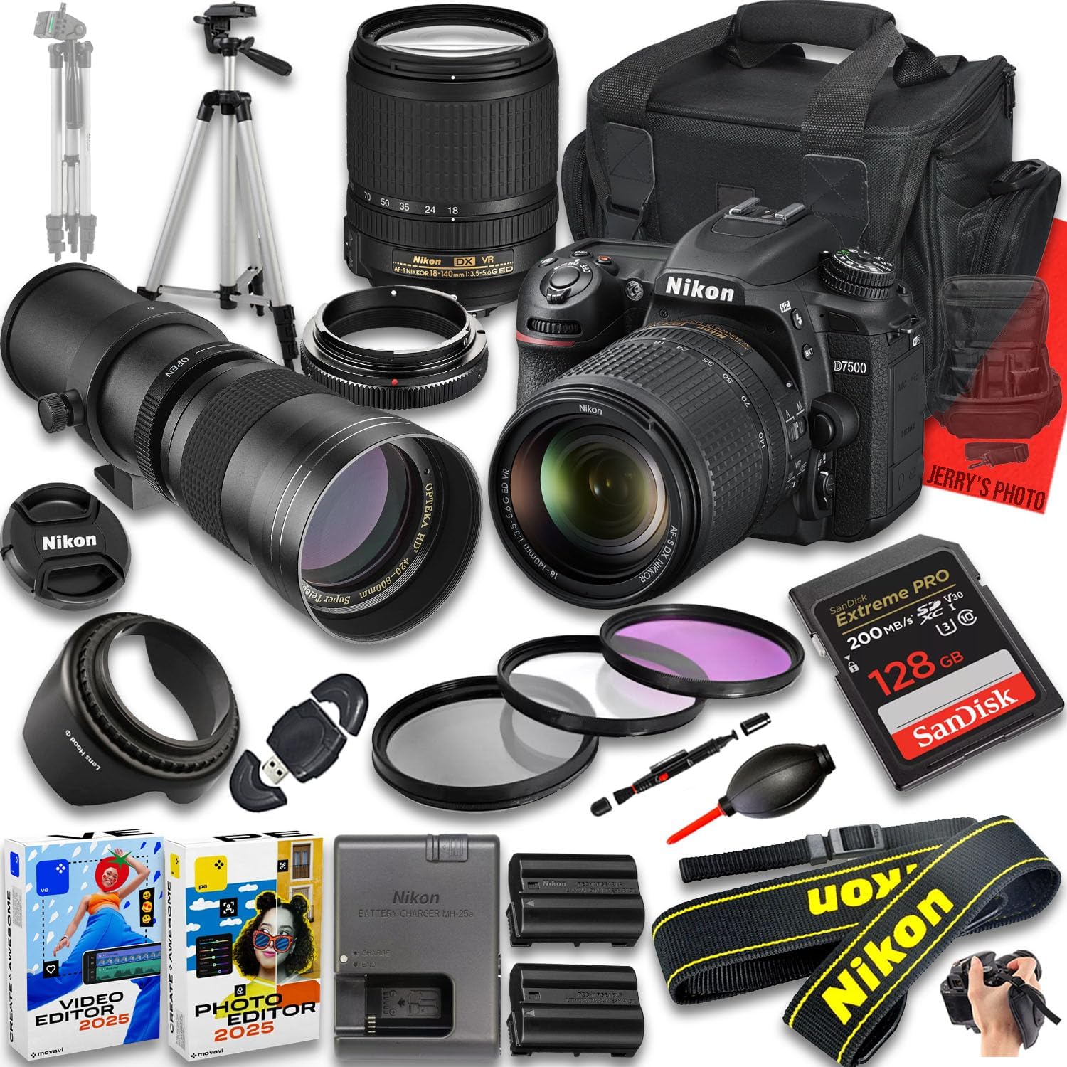 Nikon D7500 DSLR Camera with AF-S DX NIKKOR 18-140mm f/3.5-5.6G ED VR and 420-800mm f/8 Super HD Telephoto Lens + 128 GB Memory + Extra Battery + Camera Case + More (24pc Bundle) (Renewed)