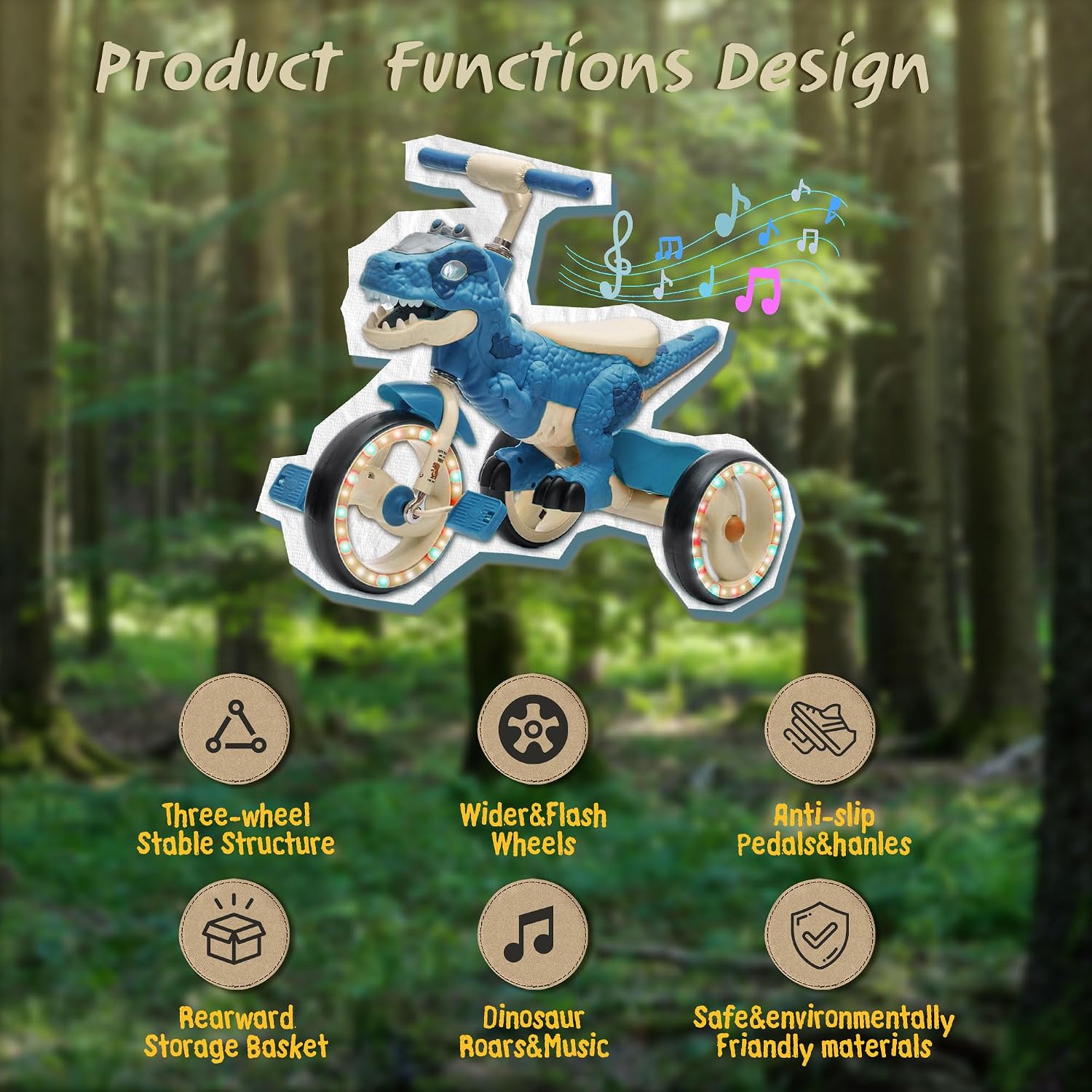 Dinosaur Kids Tricycle for Rider, Toddlers Kid Trike Bike Big Wheel with EVA Wide Flash Wheels, Anti-Slip Pedals,Storage Basket,Music & LED Lights, Kids Bike for 3-6 Year Old Girls & Boys (Blue)