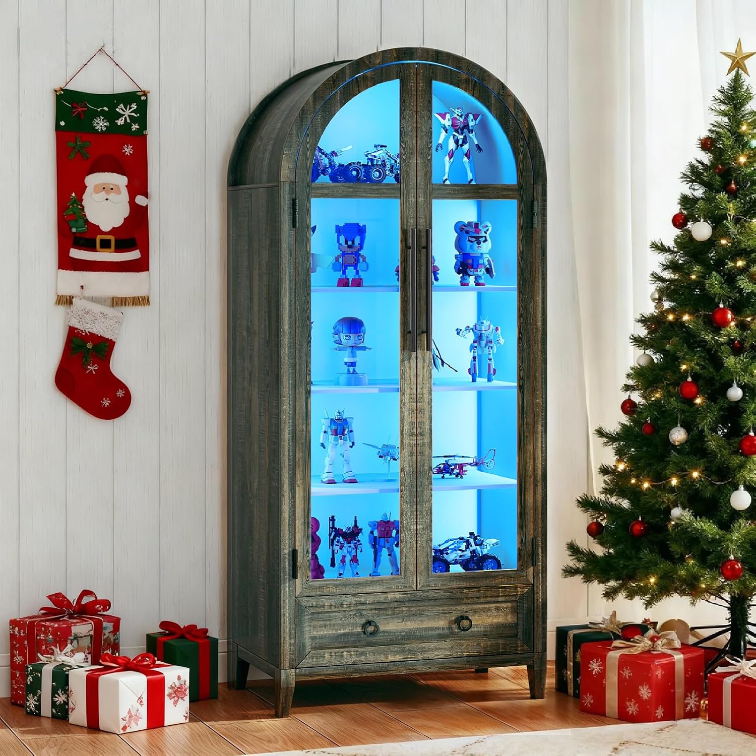Lvifur 73' Tall Arched Display Cabinet with Glass Doors,4-Tier Storage Cabinet with Human Body Sensor,LED Curio Cabinets with 3 Color Lights for Collectibles,Ajustable Shelf for Toys, Books,Brown