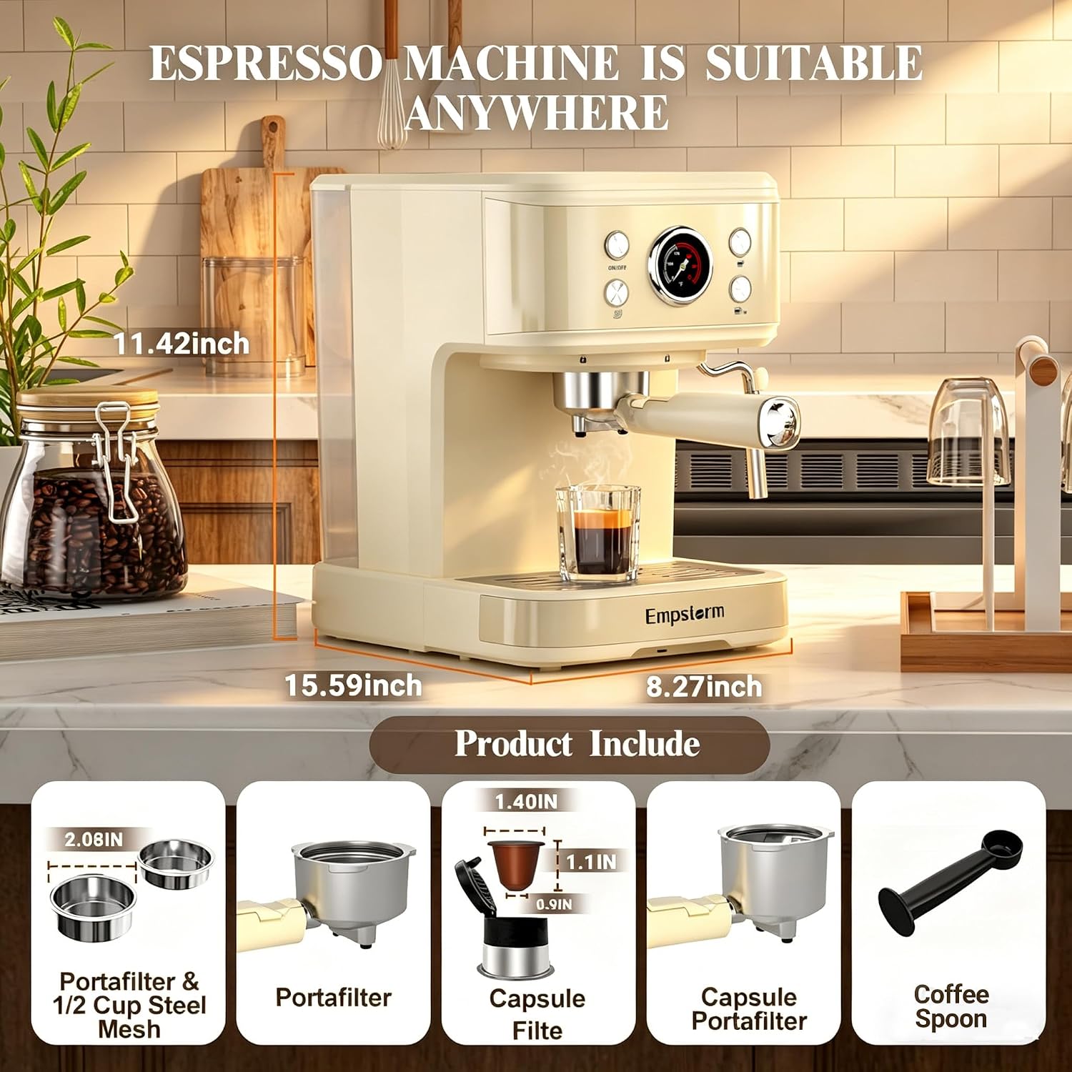 Empstorm Espresso Machine 20 Bar, 2 in 1 Espresso Maker with Milk Frother Steam Wand for Latte and Cappuccino, Powder and Capsule Portafilter, 50oz Removable Water Tank Coffee Machine for Home-White