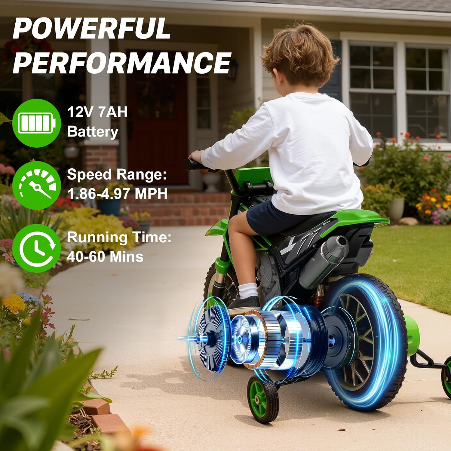 12V Kids Motorcycle w/Treaded Tires, 3.1mph Top Speed Electric Bike for Kids, Training Wheels, Music & Bluetooth, Spring Suspension, Age 3-8 Year Old, Green