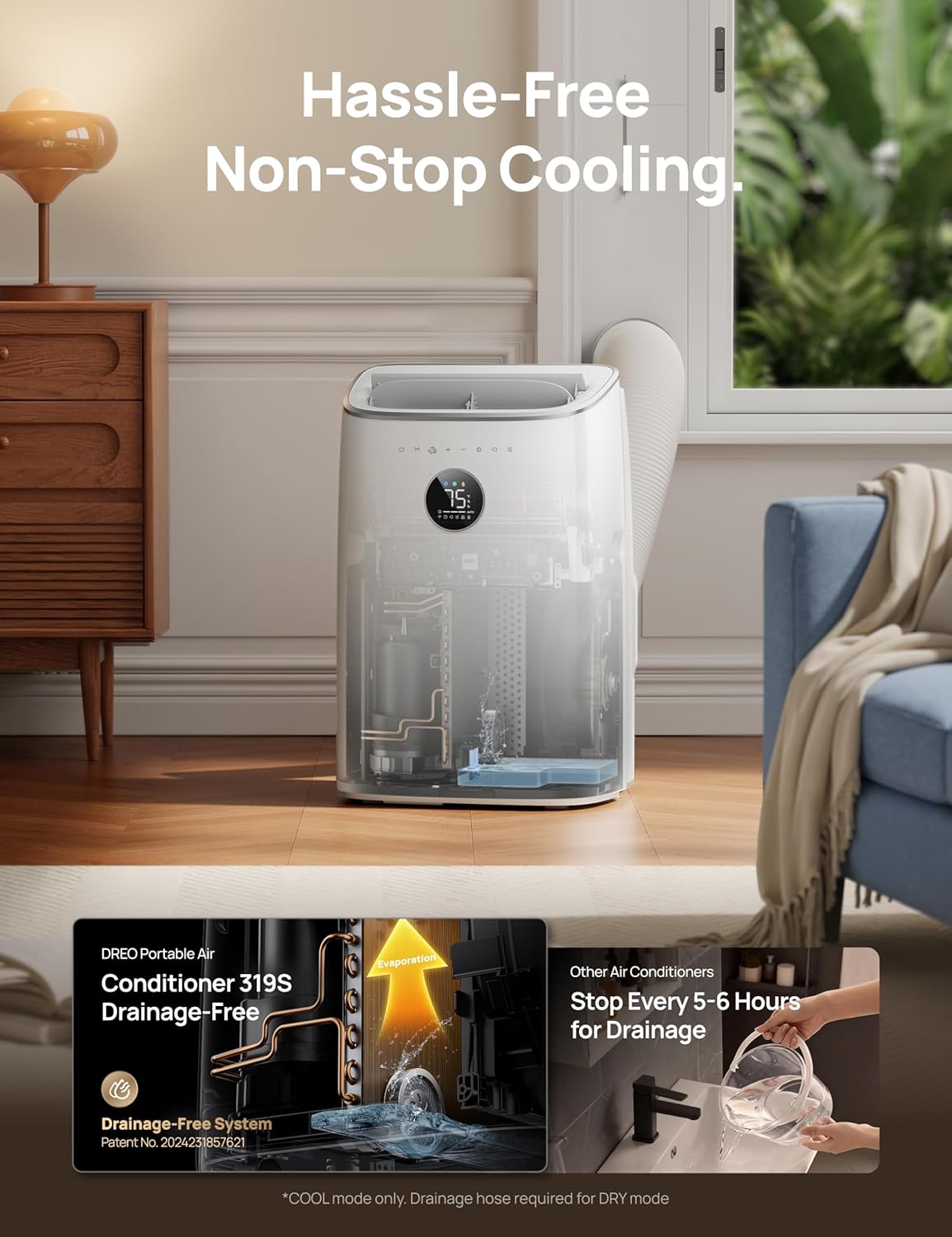 DREO Portable Air Conditioner 319S, 10000 BTU ASHRAE (6000 BTU DOE) Smart AC Unit for Bedroom with Drainage-free Cooling, Fan&Dehumidifier 3 in 1, APP/Voice/Remote, Quiet Standing AC for Room Indoors