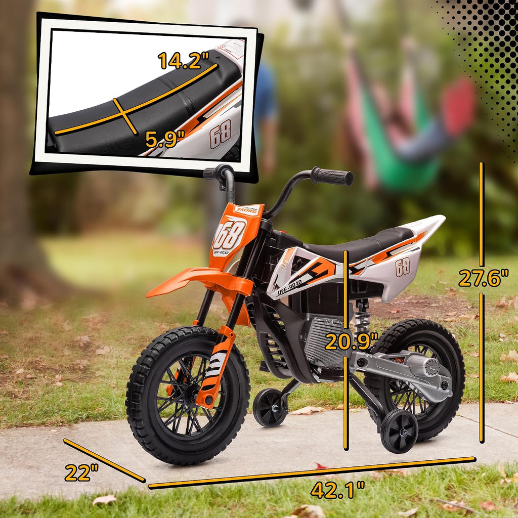 Qaba Kids Dirt Bike with Twist Grip Throttle, 12V Electric Motorcycle, Electric Bike for Toddler with Training Wheels, Spring Suspension & Music, Orange