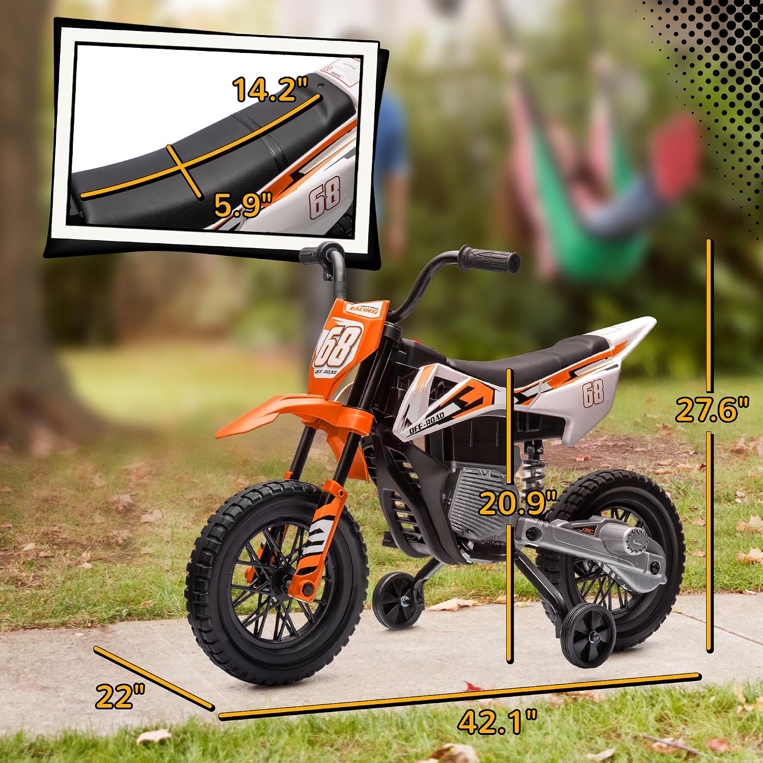 Qaba Kids Dirt Bike with Twist Grip Throttle, 12V Electric Motorcycle, Electric Bike for Toddler with Training Wheels, Spring Suspension & Music, Orange