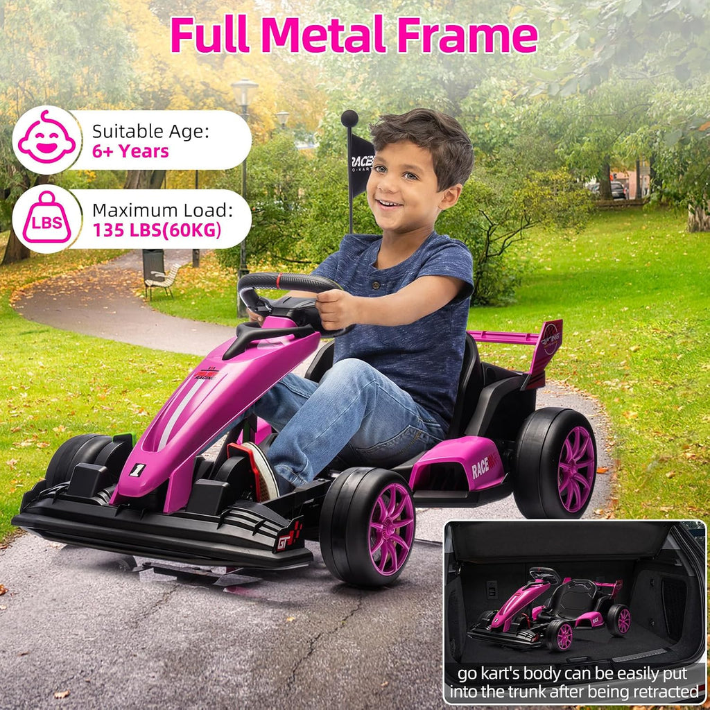 GarveeLife 24V Kids Ride on Go Kart, 7.5 mph Variable High Speed Drifting Car, 7ah Battery 200W*2 Motors,Adjustable Legroom for Kids Grows, Max Load 135 LBS, Power Display Racing Toy for 6+,Pink