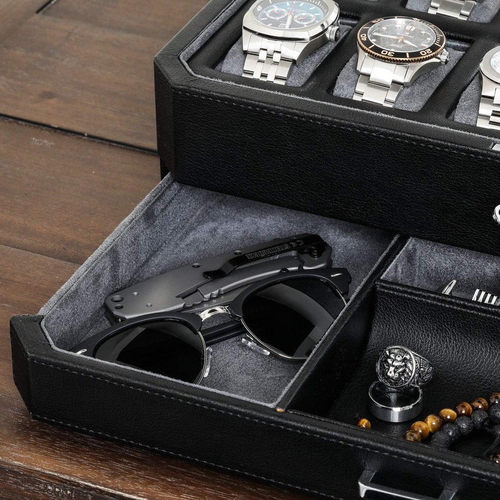 ROTHWELL 12 Slot Leather Watch Box with Valet Drawer - Luxury Watch and Jewelry Case Display Organizer, Microsuede liner, Mens Locking Storage Holder Large Glass Top (Black/Grey)