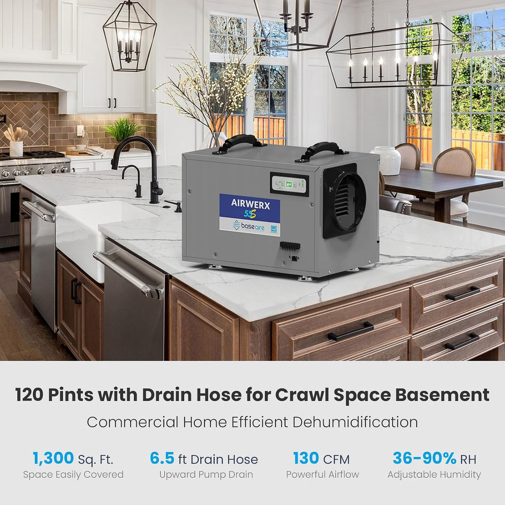 BaseAire 120 Pints Crawl Space Dehumidifier with Drain Hose, Energy Star Dehumidifier for Commercial, Home and Basement, Compact, Auto Defrost, Intelligent Control, Auto Restart, Up to 1300 Sq Ft