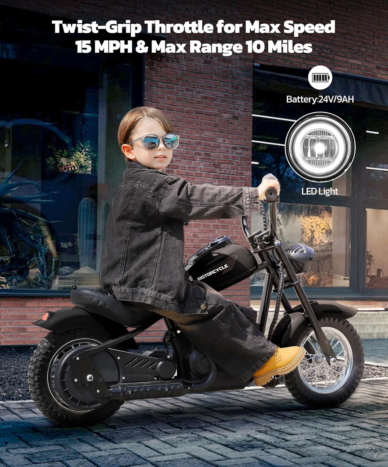 ELEMARA Electric Dirt Bike, 15 mph & 150lb Max, 24V Ride on Toy for Big Kids w/LED Lights & Power Display, Chain-Driven Motor, Twist-Grip Throttle, Shock Springs, Handbrake, 12' Air-Filled Tires-Dark