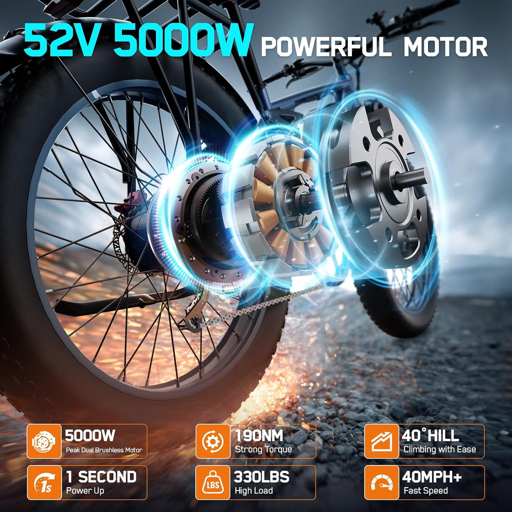 5000W Electric Bike for Adults, 45MPH Dual Motor Ebike 52V 23AH 1196WH E Bike 100 Miles Long Range Bicycle Full Suspension 26' Fat Tire Off Road for Men Dual Hydraulic Disc Brake Ebike