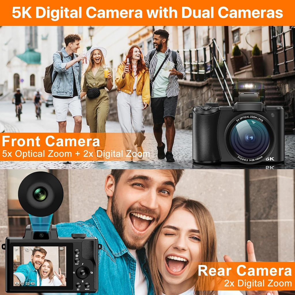 5K Digital Camera 64MP Cameras for Photography, 5X Optical Zoom Compact Travel Camera Front and Rear Dual Cameras Vlogging Camera for YouTube with 3.2' IPS Touchscreen, 64G TF Card, 2 Batteries