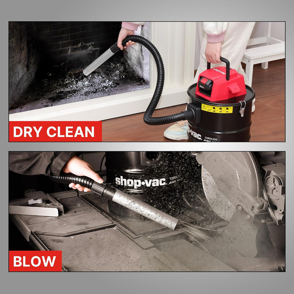 Shop-Vac 5430024 5 Gallon Cordless Ash Vac, 20V Battery, 1.5 in Diameter x 4 Ft Lock-On Hose, Stainless Steel Tank, Includes Blow Feature, Metal Nozzle and Crevice Tool