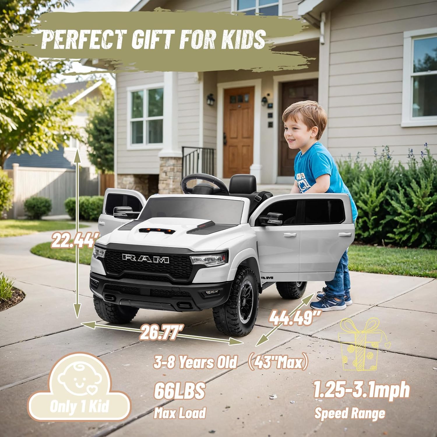 YOFE Ram 1500 Ride on Toys for Kids 4-8, Ride on Pickup Truck for Toddlers with Remote Control,12V Battery Powered Car with Trunk, Bluetooth, Music, Safety Belt (White)
