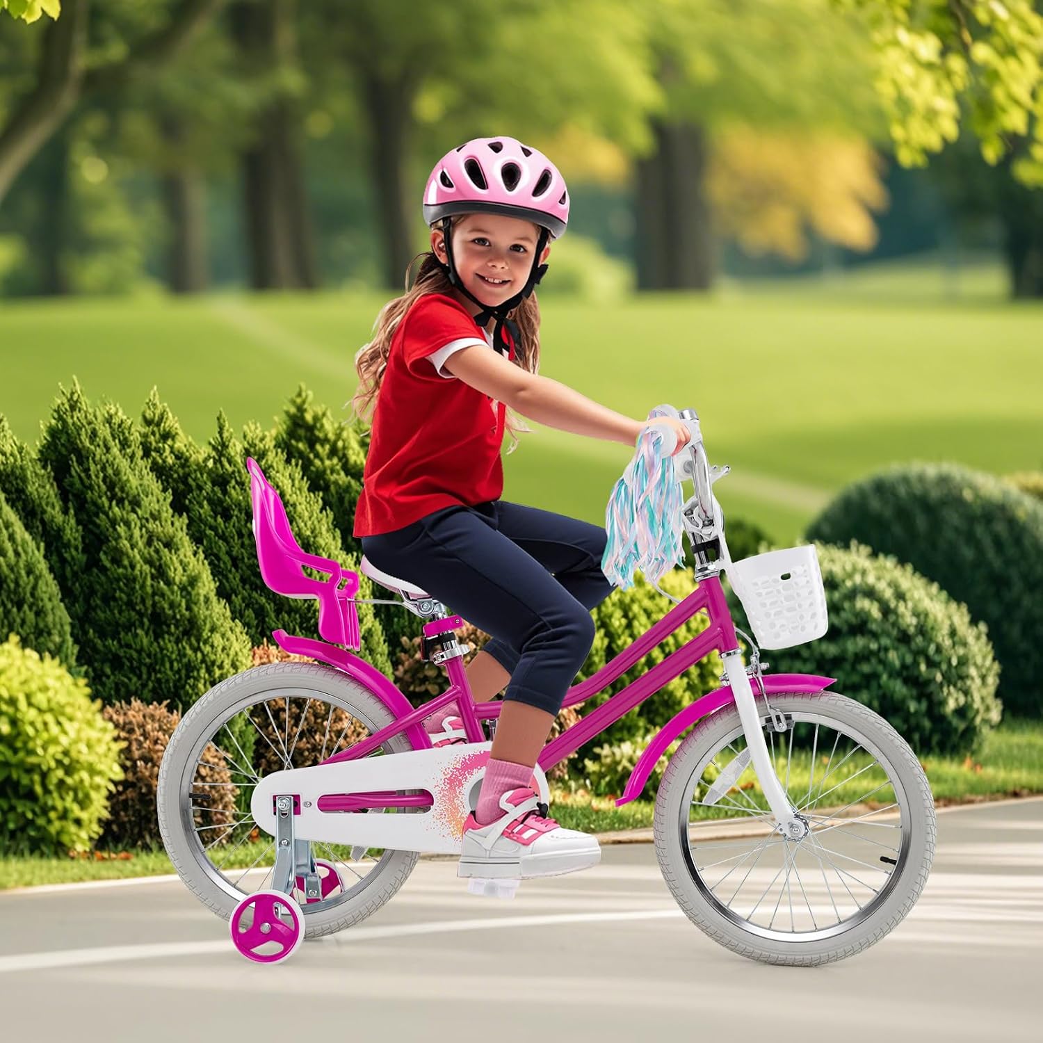 BABY JOY Kids Bike, 12 14 16 18 20 Inch Girls Bike w/Detachable Training Wheels or Kickstand, Storage Basket, Adjustable Seat & Handlebar, Bow or Streamer, Children Bicycle for 3-8 Years Old