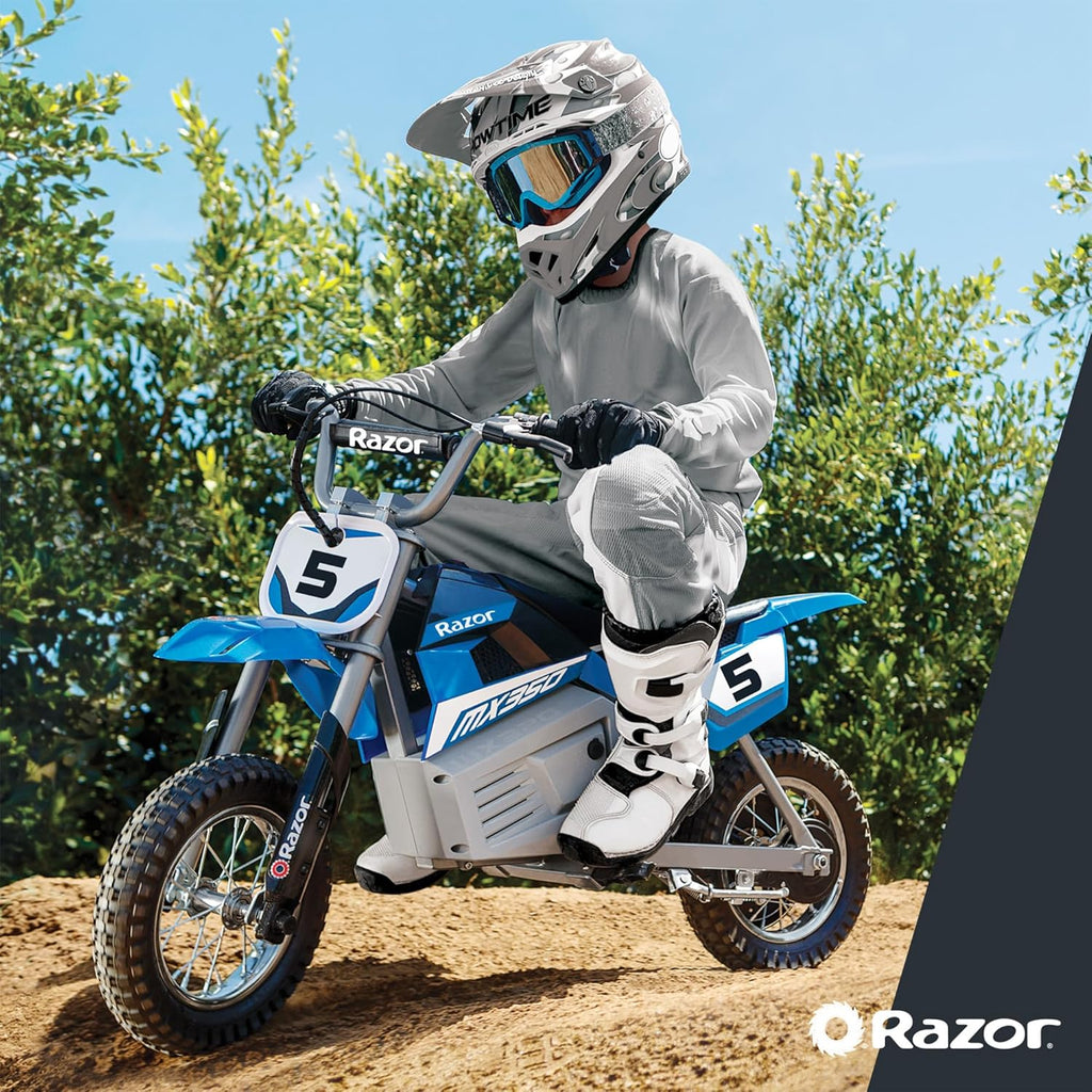 Razor MX350 Dirt Rocket Electric Bike for Kids Ages 8+, 140 lb Max Weight, Blue – 24V Battery, Up to 14 Mph, 30-Min Ride Time on High Speed, Twist-Grip Throttle, Spoked Wheels w/ 12' Pneumatic Tires
