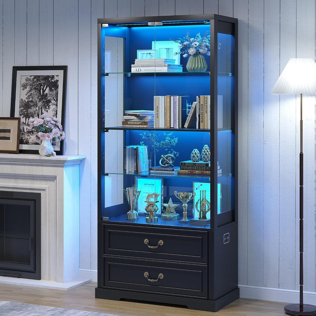 TAGELIER 67' Tall Display Cabinet with Glass Doors and 2 Drawers, Stable Wooden Frame Curio Cabinet with Smart Human Sensor, Led Display Cases for Collectibles and Books, Living Room Office (Black)