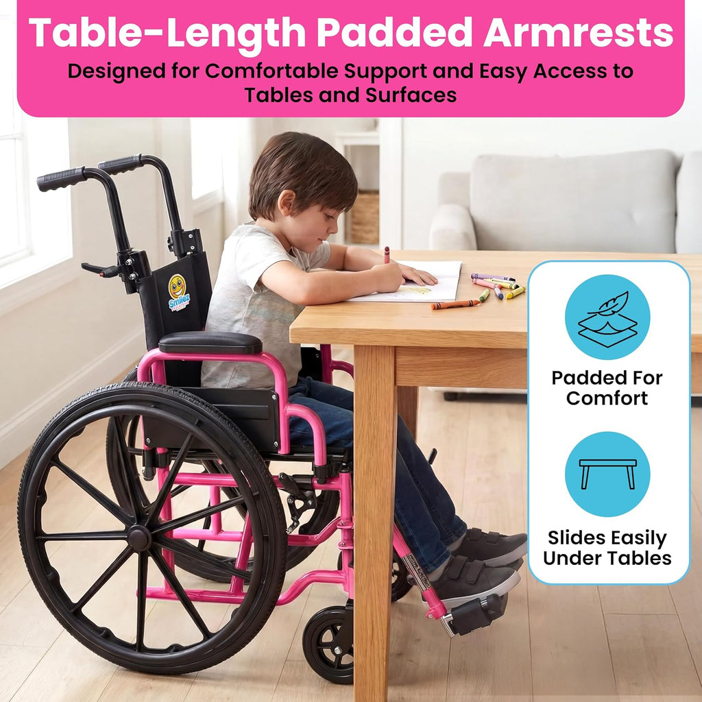 Customize Your Pediatric Wheelchair - 12' or 14' Foldable Narrow Wheelchair for Kids - Fun Colors, Cushion, Seat Belt, Anti Tippers, Padded Arm and Leg Rests, Height Adjustable Push Handles