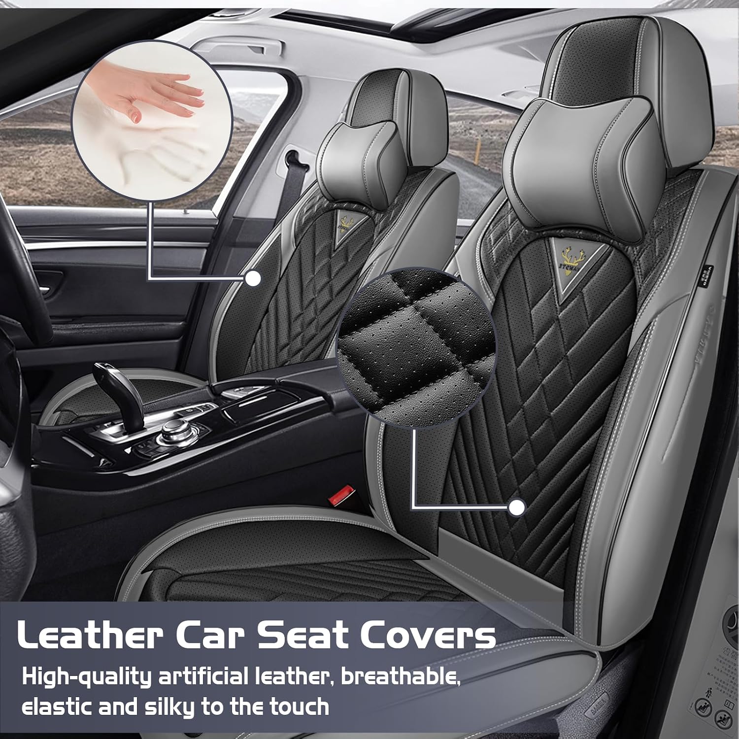 Car Seat Covers for Nissan Titan 2004-2026, Waterproof Nappa Leather Front Seat Cover with Headrests, Anti-Slip and Comfortable Automotive Seat Protector&Accessories(Gray Black)
