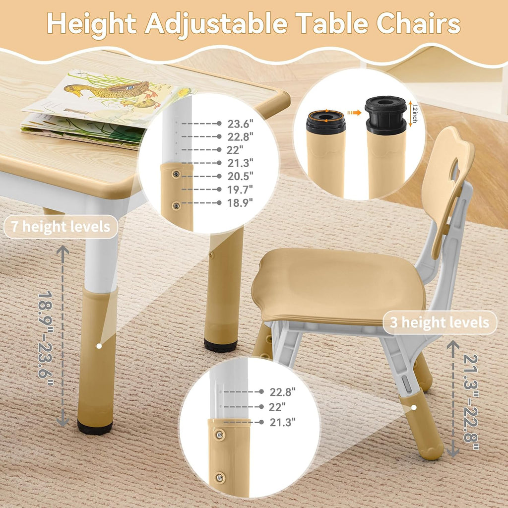 GITAWUSA Kids Study Table and Chairs Set, Height Adjustable Toddler Table and Chair Set for Kids Ages 3-8, 31.5' L x 23.6' W Graffiti Desktop Plastic Children Art Table with 4 Seats, Brown