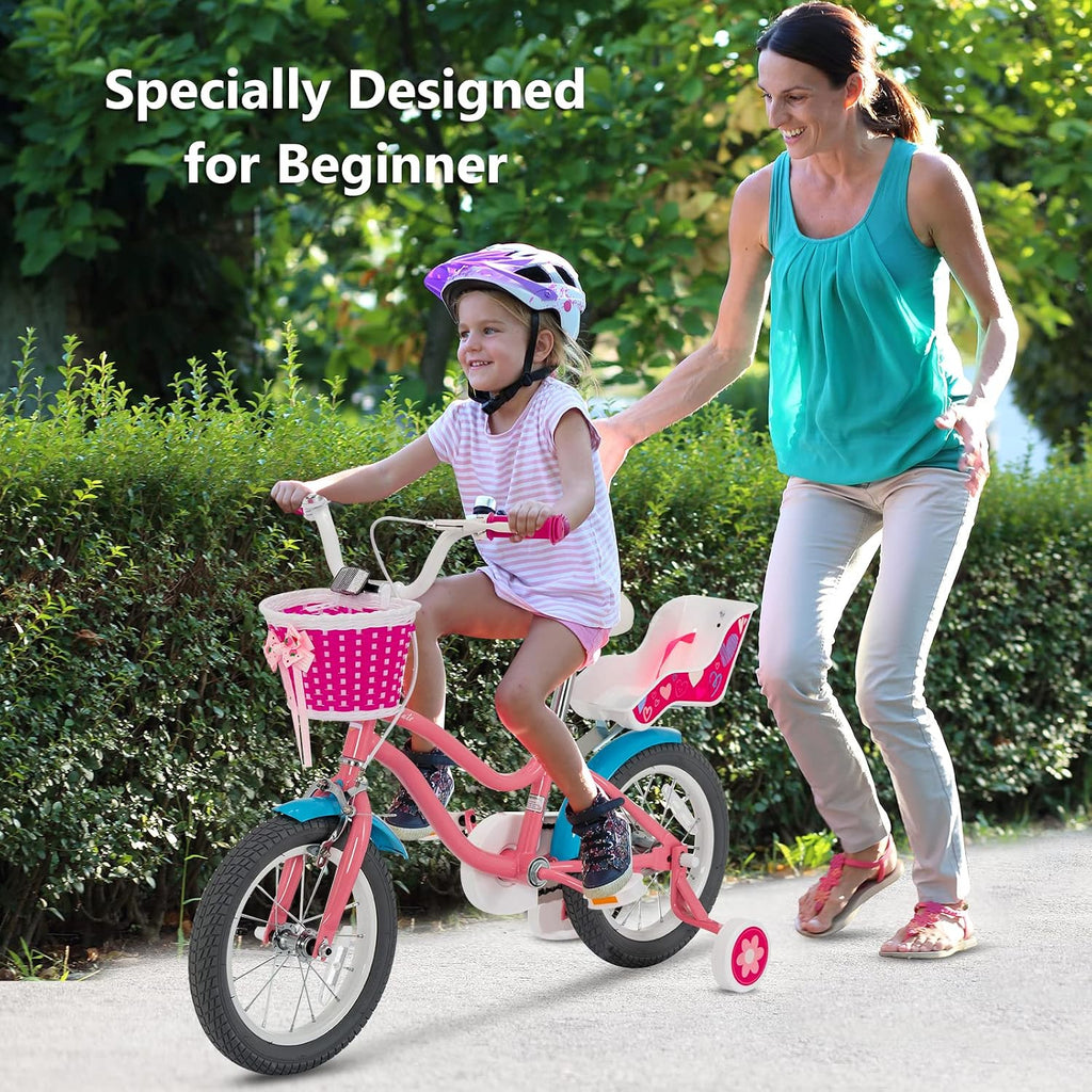 GYMAX Kids Bike, 14/16/18 Inch Kids Bicycle with Removable Training Wheels, Coaster Brake, Handbrake, Basket & Doll Chair, Toddler Girls & Boys Bike for Age 3-9