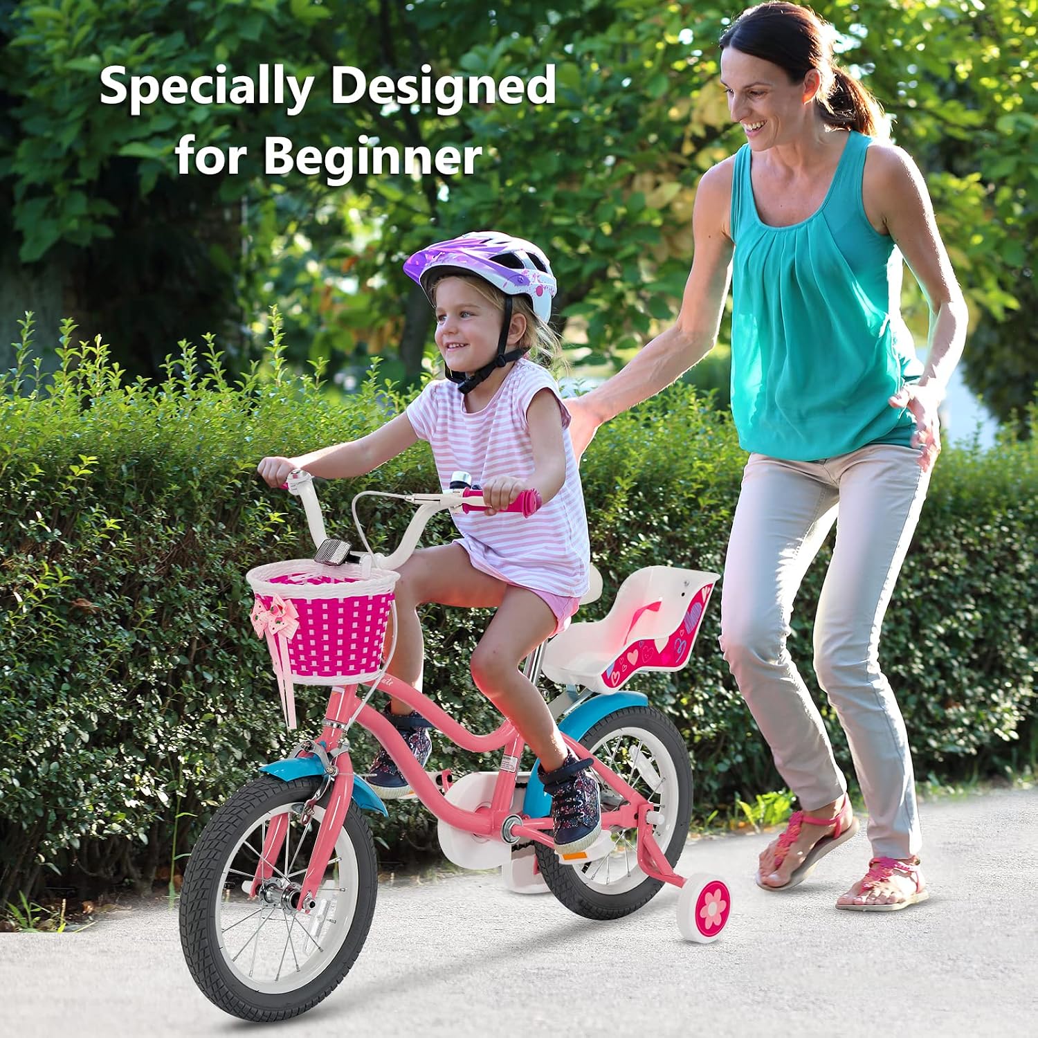 GYMAX Kids Bike, 14/16/18 Inch Kids Bicycle with Removable Training Wheels, Coaster Brake, Handbrake, Basket & Doll Chair, Toddler Girls & Boys Bike for Age 3-9