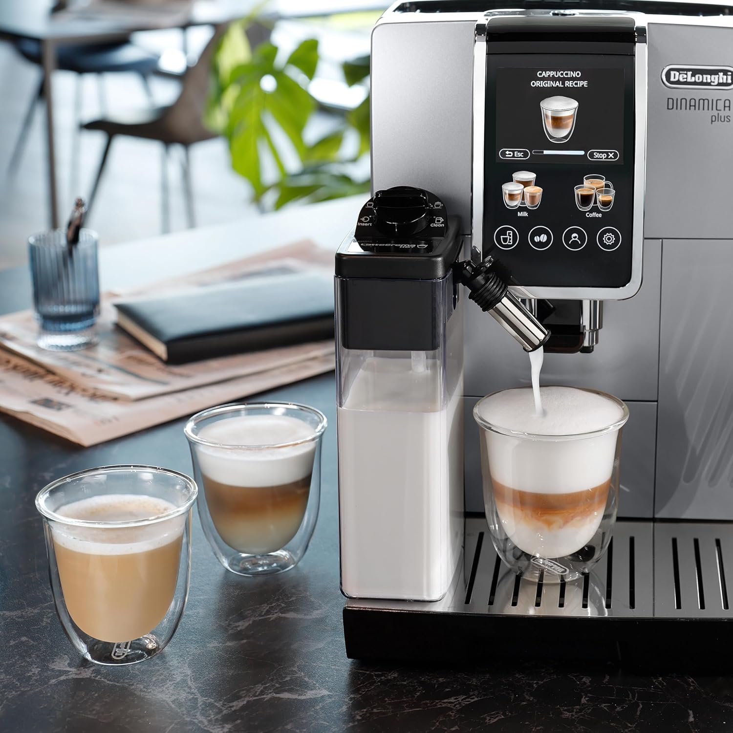 De'Longhi Dinamica Plus Fully Automatic Espresso Machine - Brew Personalized Coffee for up to 4 User Profiles, 24+ Recipes, Built in Grinder & Automatic Milk Steam Wand with 3 Frother Modes