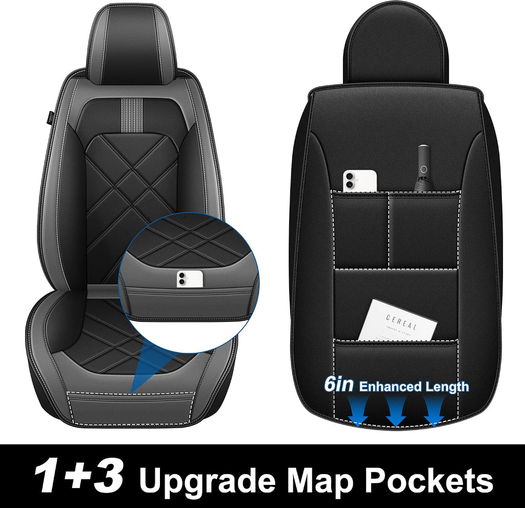 Truck Seat Covers Fit for 2007-2025 2026 Chevrolet Chevy Silverado & GMC Sierra 1500 2500 3500 HD Crew Double Extended Cab Waterproof Leather Seat Protectors (5pc Full Set, Black & Grey)
