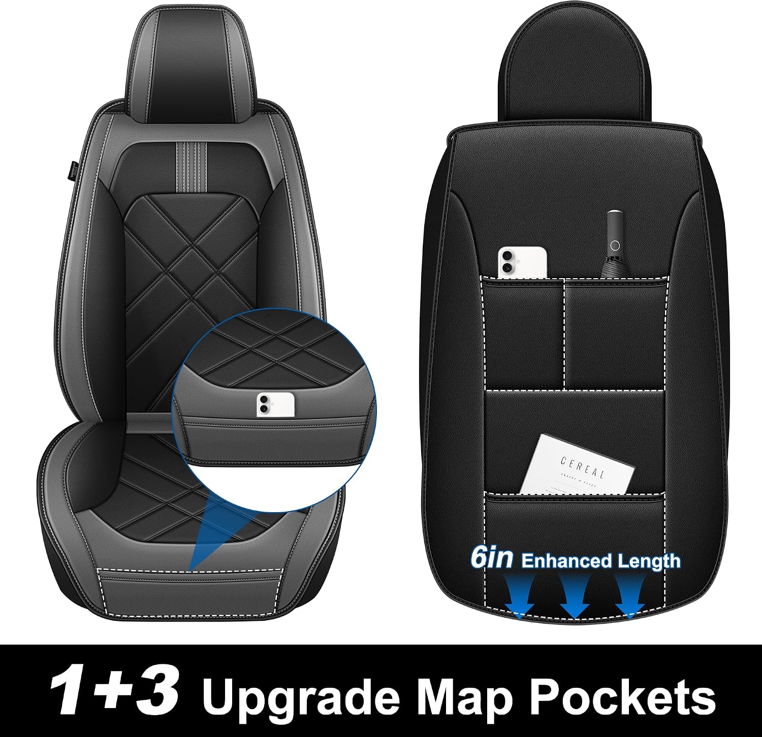 Truck Seat Covers Fit for 2007-2025 2026 Chevrolet Chevy Silverado & GMC Sierra 1500 2500 3500 HD Crew Double Extended Cab Waterproof Leather Seat Protectors (5pc Full Set, Black & Grey)