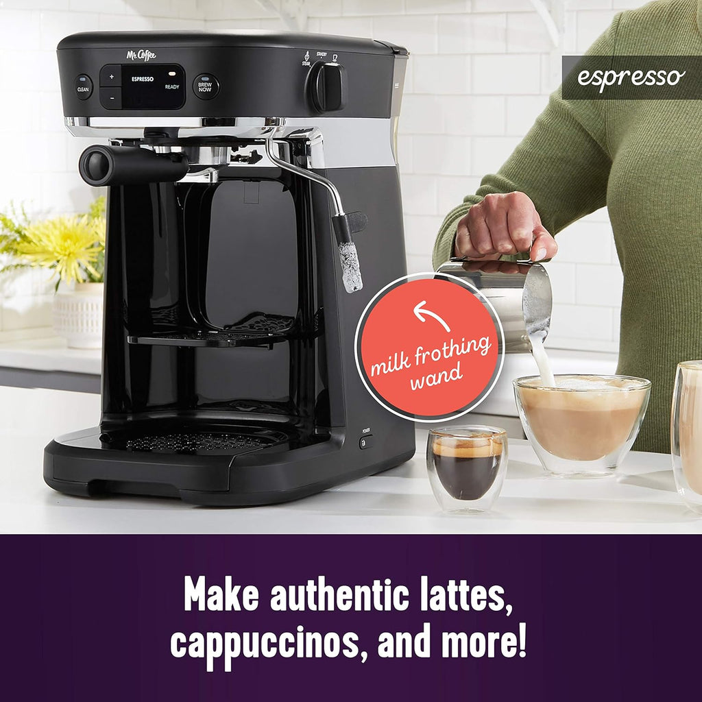 Mr. Coffee All-in-One Occasions Specialty Pods Coffee Maker, 10-Cup Thermal Carafe, and Espresso with Milk Frother and Storage Tray, Black