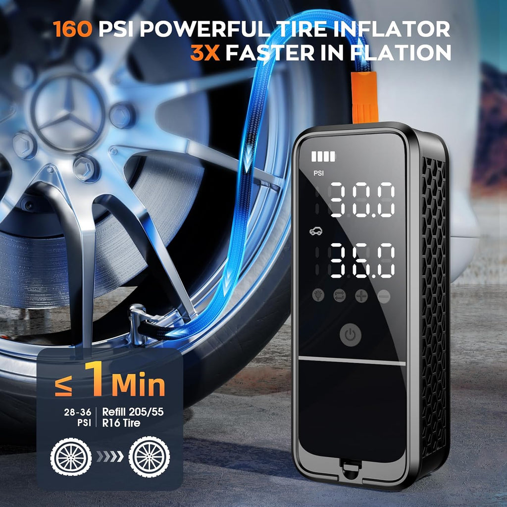 160PSI Tire Inflator Portable Air Compressor, 6000mAh Portable Tire Inflator for Car Portable Air Pump with Tire Gauge Pressure & LED Light Air Pump for Car Tires Cordless Bike Pump for Car