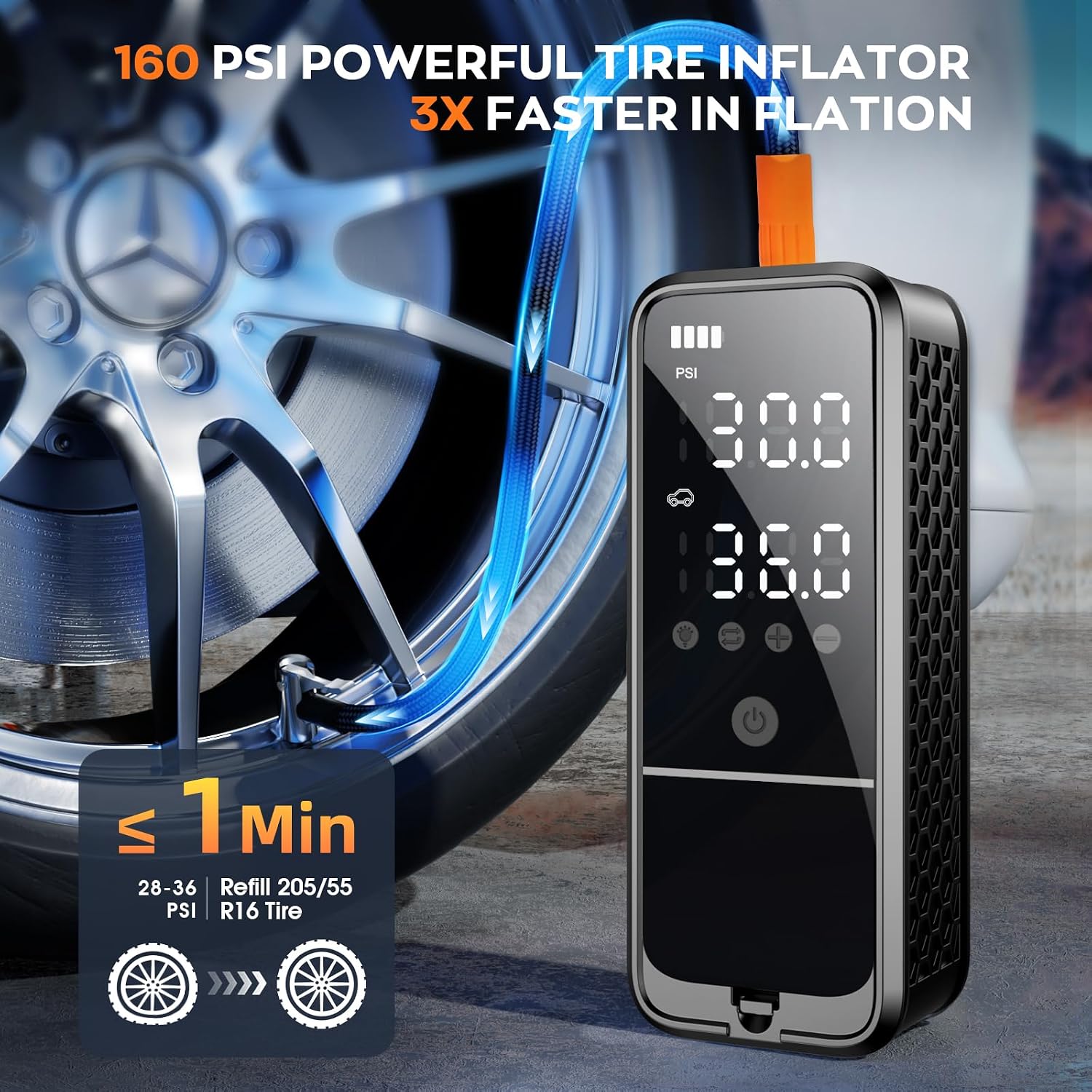 160PSI Tire Inflator Portable Air Compressor, 6000mAh Portable Tire Inflator for Car Portable Air Pump with Tire Gauge Pressure & LED Light Air Pump for Car Tires Cordless Bike Pump for Car