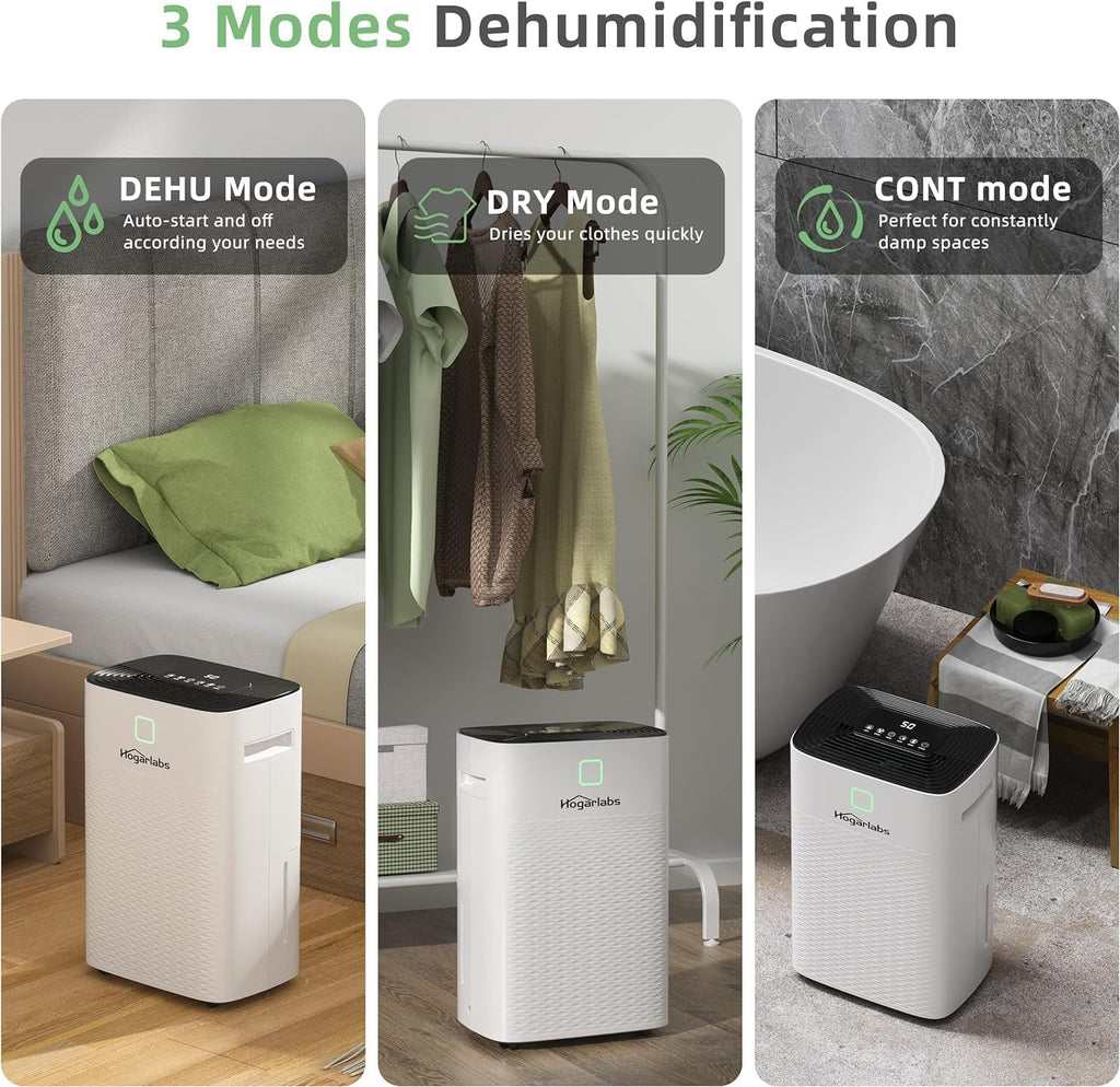 HOGARLABS 50 Pint Dehumidifiers for Home and Basements, with 3 Working Modes, Overflow Protection, and Auto Shut off Restart. Ultra Silent Dehumidifier with Drain Hose and Digital Control Panel.