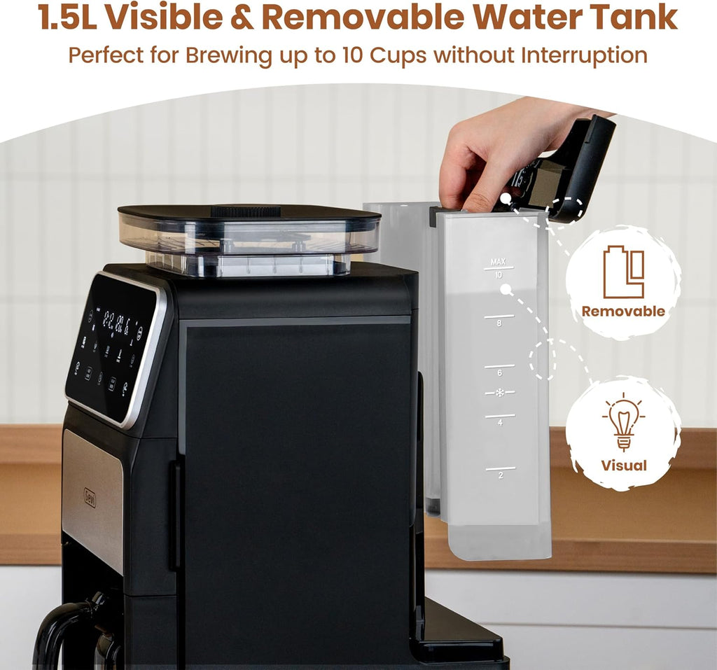 Gevi 10-Cup Grind & Brew Coffee Maker with Built-in Burr Grinder – Programmable Touch Screen, 4-Hour Keep Warm, Permanent Filter, Drip Coffee Machine for Home & Office