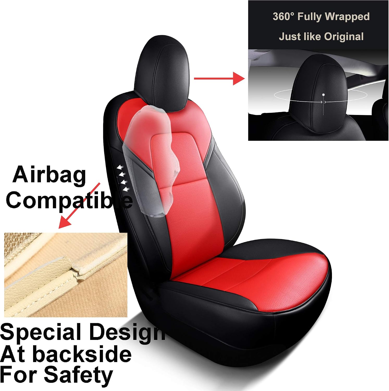 Seat Cover Custom Fit for Tesla Model 3 Model Y Synthetic Leather Car Seat Cushion Protector for 2017 2018 2019 2020 2021 2022 All Season Customized (2 Front Black& Red)