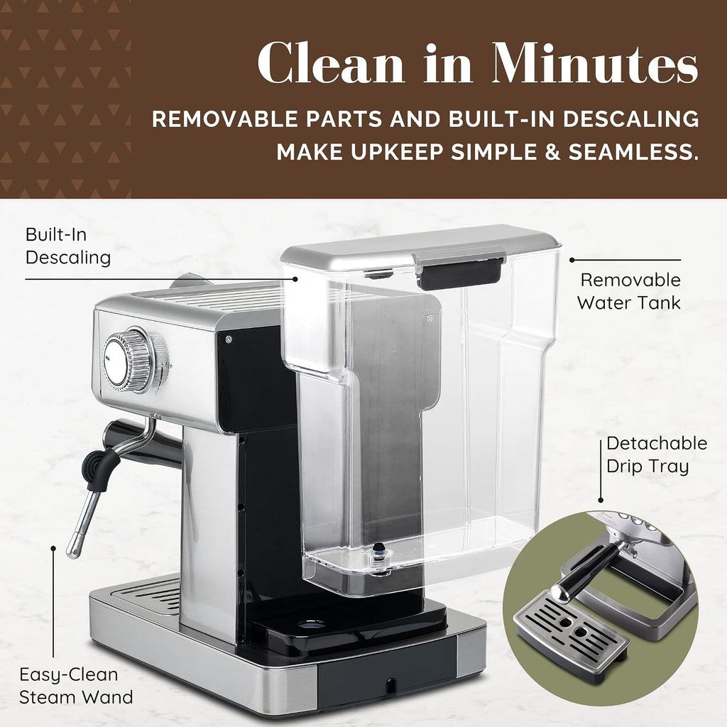 Espresso Machine 20 Bar with Steam Milk Frother | Stainless Steel Espresso Maker with Customizable Brewing Temperature | 60oz Removable Water Tank | Perfect for Cappuccinos, Lattes and More