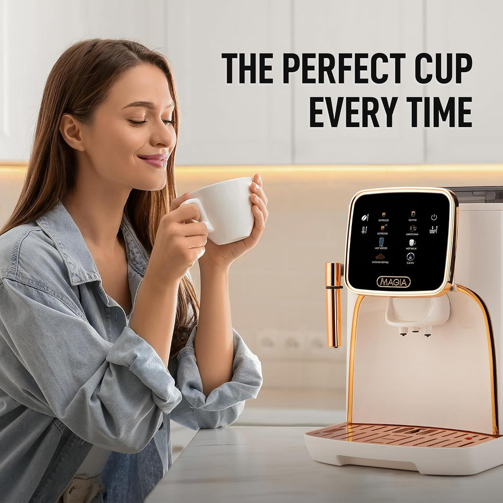 Zulay Kitchen Magia Clasica - Fully Automatic Espresso Machine With Grinder - Touch Screen Coffee Maker With One-Touch Operation - Milk Foam System For Latte, Cappuccino, Macchiato - Cream Copper