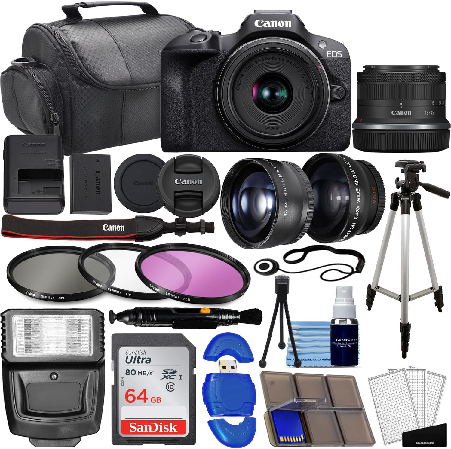 Canon EOS R100 Mirrorless Camera w/RF-S 18-45mm f/4.5-6.3 STM Lens + Wide Angle & Telephoto Lenses + 64GB Memory + 3pc Filter Kit + Case + Flash + Tripod