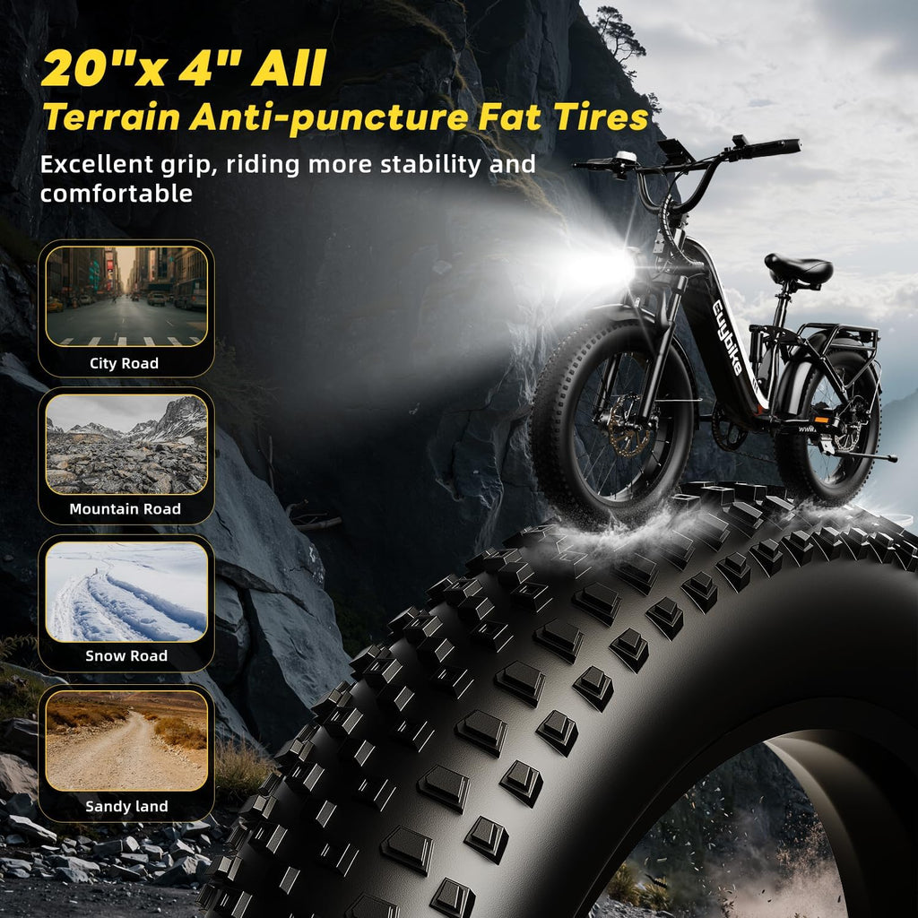 EUYBIKE Electric Bike for Adults 1400W Peak, 48V 20AH(960WH) Removable Battery, 20'x4' Fat Tire Full Suspension 80 Miles Range Step-Thru Hunting Ebike, 7-Speed Dual Brakes Electric Bicycle