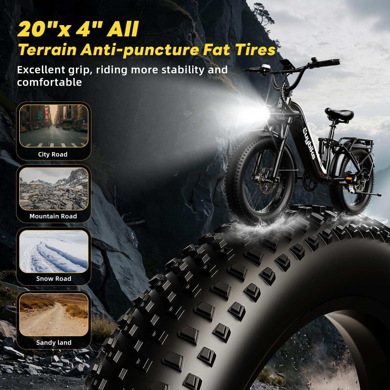 EUYBIKE Electric Bike for Adults 1400W Peak, 48V 20AH(960WH) Removable Battery, 20'x4' Fat Tire Full Suspension 80 Miles Range Step-Thru Hunting Ebike, 7-Speed Dual Brakes Electric Bicycle